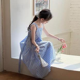 Girls' dress Summer New Korean Style Middle and Big Kids Plaid Camisole Long Skirt Parent-child Beach Dress Internet Popular