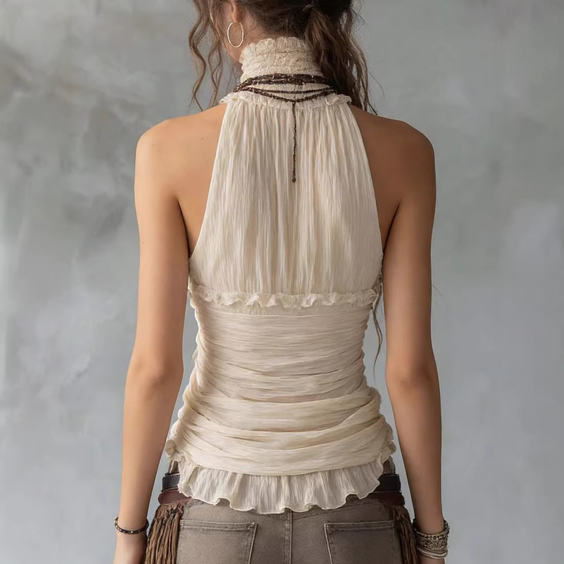European and American New Style Personalized High-Neck Sleeveless Pleated Top