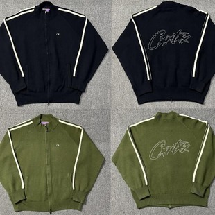 Street Hip Hop Embroidered Alphabet Vertical Collar Zipper Corteiz White Trim Cardigan Knit Sweater Jacket