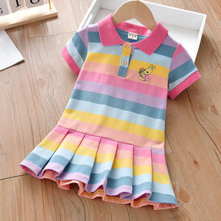 Children's Skirt 2024 Summer New Korean Style Baby Girl's College Style Striped Pleated Skirt Girl's Lapel dress