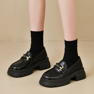 Women's Thick-soled Loafers Height-increasing 2024 New British-style High-heel Leather Shoes Black Mary French Single-layer Shoes Slip-on