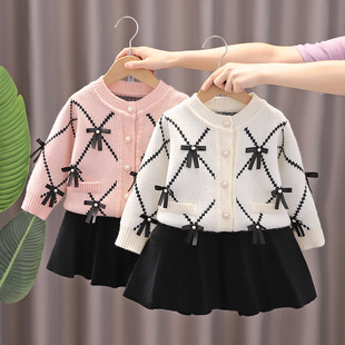 Girls' Sweater Set 2022 Autumn and Winter New Bow Knitted Two-piece Set Baby Girls' Crewneck Top Skirt