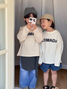 Pointed egg Korean style children's clothing 2024 spring new boys and girls Children's sweater letter print stitching round neck T-shirt