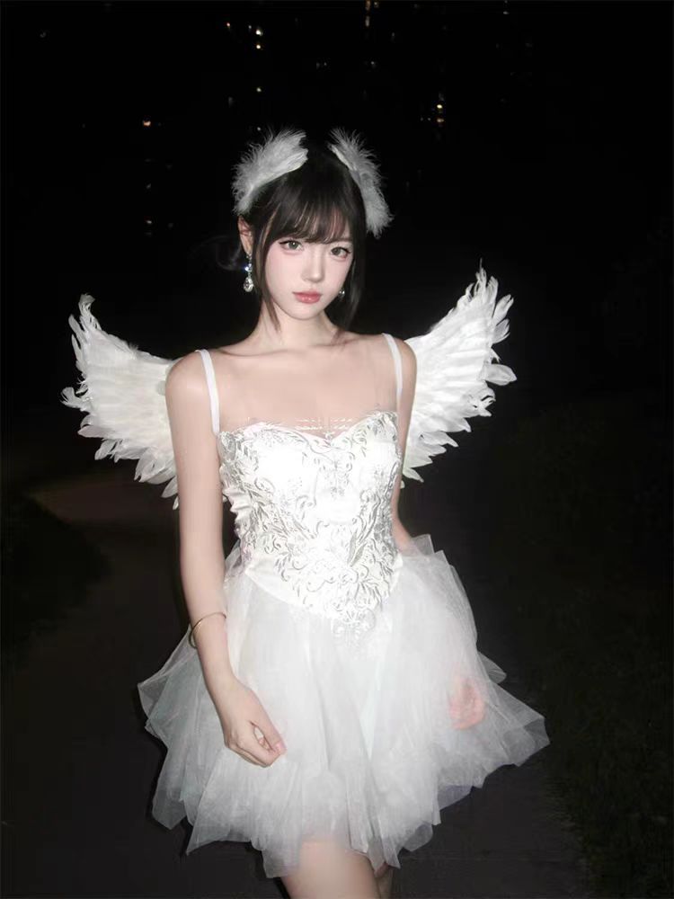 Halloween Cosplay Costume White Angel Cos White Swan Tube Top Embroider Pure Lust White Gauze Photo Tutu Skirt