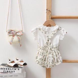 Summer new infant short-sleeved top suit baby girl Korean style floral strap one-piece triangle romper