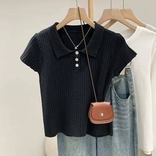 Lapel Solid Color Slimming Chic Right Shoulder Knitted Top Pit Striped Ice Silk Slim Shirt