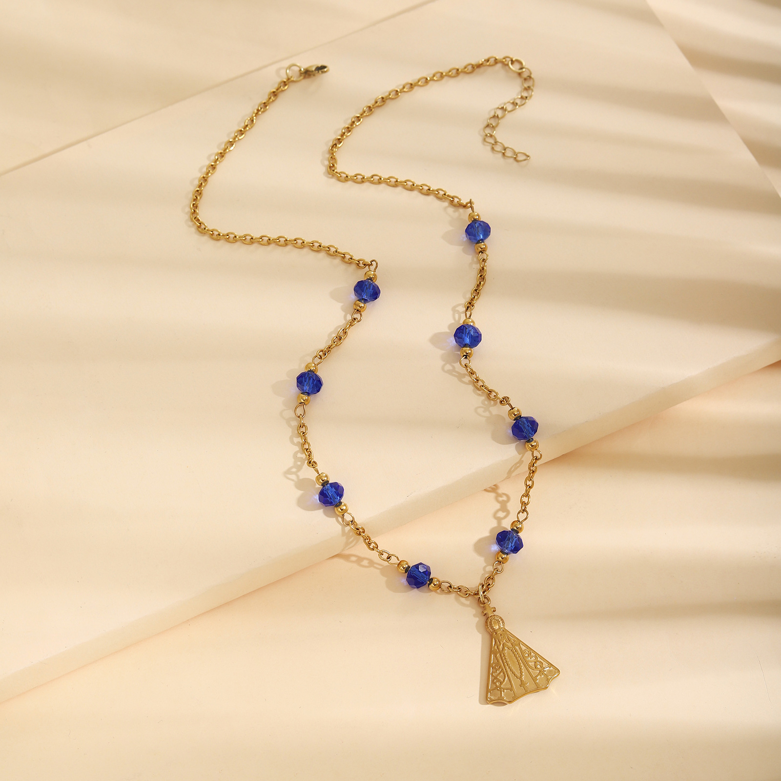 Cross-Border European and American New Style Our Lady of Aparecida Stainless Steel Pendant Blue Bead Necklace Women's Jewelry Wholesale
