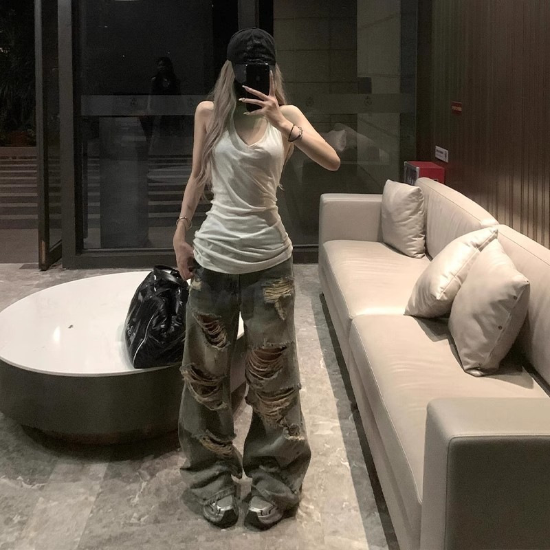 American-Style High Street Ripped Jeans for Men and Women, Summer Thin Ootd Pants, Street Style Loose Distressed Pants
