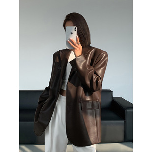 Brown Retro Leather Jacket Jacket Women's Autumn and Winter Cotton Thickened Loose Motor Vehicle