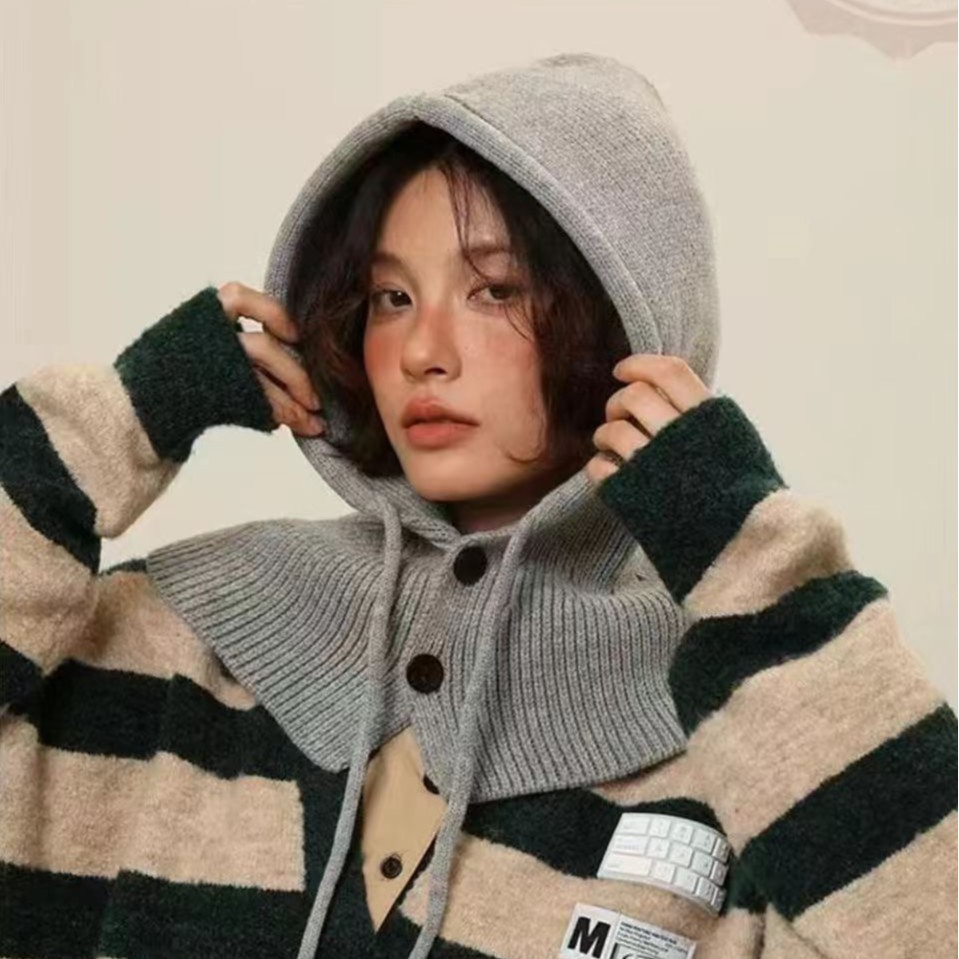 Autumn and Winter Korean-Style Knitted Hooded Scarf Integrated Hat, Warm Ear-Protecting Woolen Hat, Unisex Versatile Couple Style