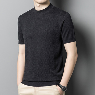 Mulberry silk short sleeve T-shirt men's half turtleneck thin middle-aged and elderly spring and summer business casual half sleeve knitted T-shirt