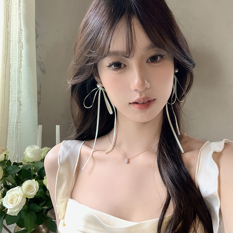 New Summer Ballet Style Long Fairy Bow Ribbon Pearl Earrings Unique Sweet Earrings for Women