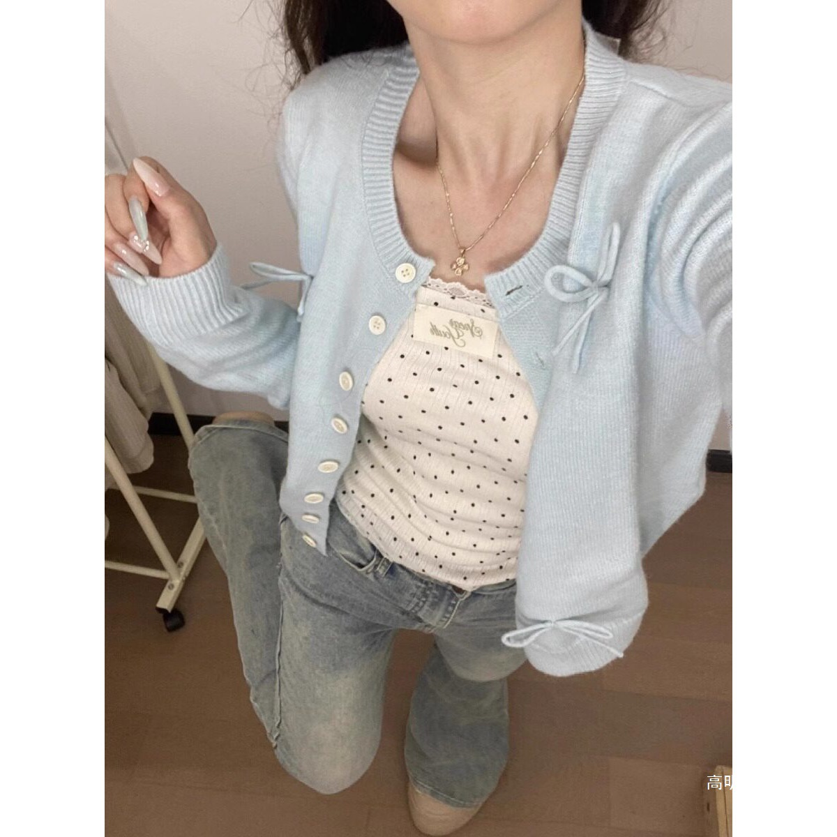 Mint Mambo Ballet Style Knitted Cardigan with Bow Blue Sweater for Women Sweet Girl Korean Style Spring and Autumn Coat Top