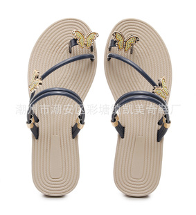 Summer foreign trade new toe flat rhinestone fashion INS European and American plus size women's flat beach sandals