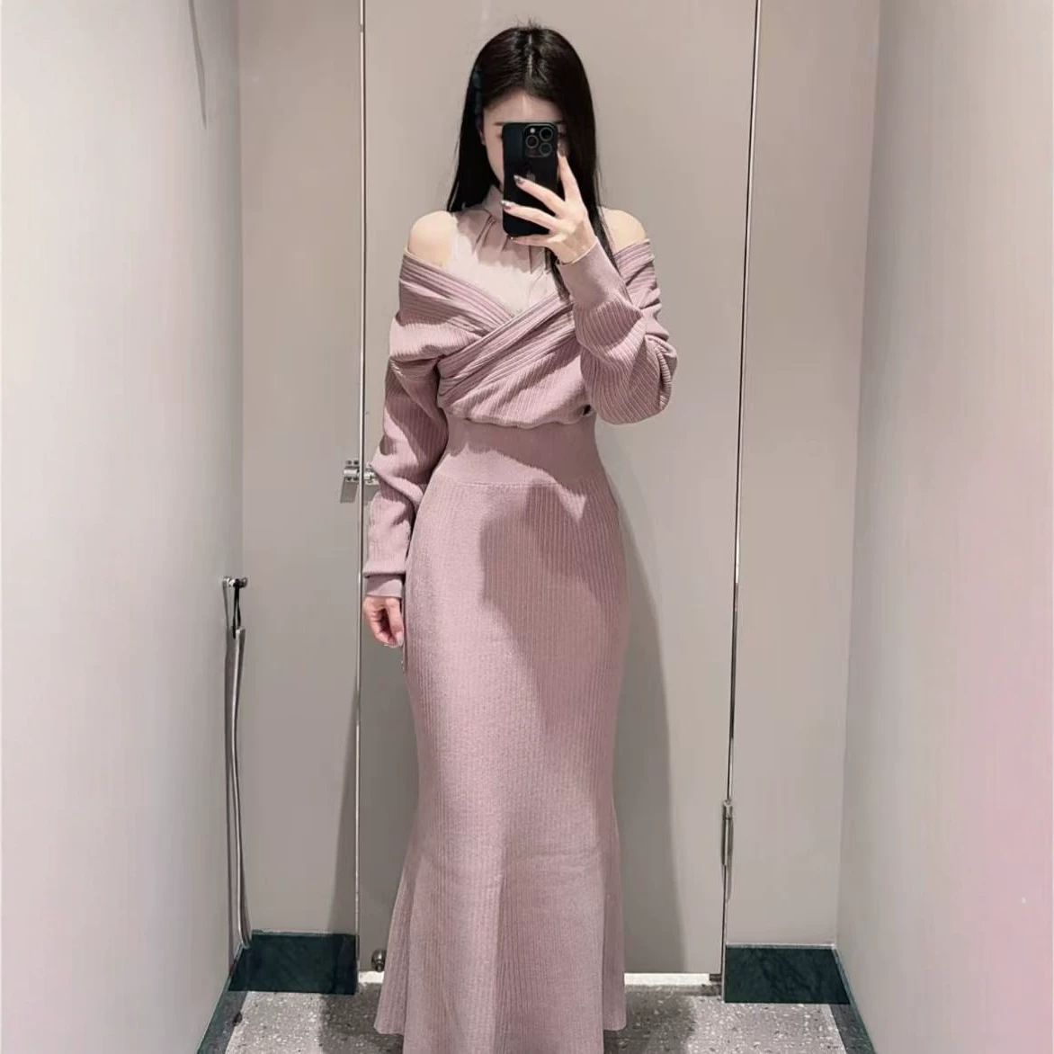 【Yibai】 Japanese-Style New Sweet Chiffon Patchwork Off-Shoulder Cross-Over Knit Dress 860-2