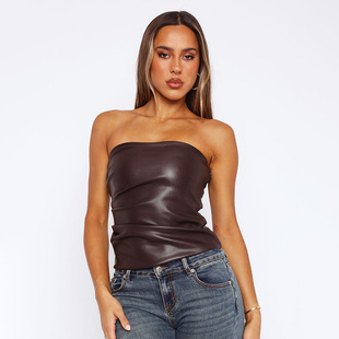 C194TP European and American Cross-border Autumn New Solid Color Sleeveless Sexy Leather Strapless Slim-fit Short All-match Women's Top