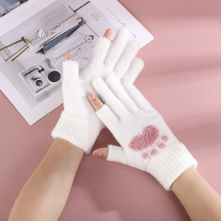 Autumn and winter love bear's paw imitation mink velvet students finger gloves writing play mobile phone Dew two fingers warm touch screen gloves