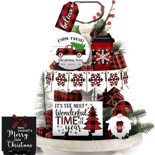 12 pct Cross Border Christmas Layered Tray Wooden Ornaments Buffalo Plaid Dwarfs Country Farmhouse Party Decoration