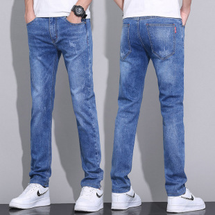 2024 New Spring and Autumn Men's Korean-style Trendy Brand Jeans Slim-fit Small Feet light blue Casual Long Pants