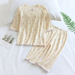 Children's summer thin knitted cotton girls' cropped sleeve cropped pants pajamas fresh parent-child home clothes air conditioning clothes