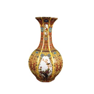 Antique Collection Jingdezhen Porcelain Enamel Color Window Six-edge Vase Flower and Bird Gallbladder Vase Home Office