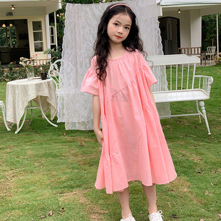 Girls' Holiday Style dress Summer New Trumpet Sleeve Stitching Mid-length Loose Cake Western Style Family Dress