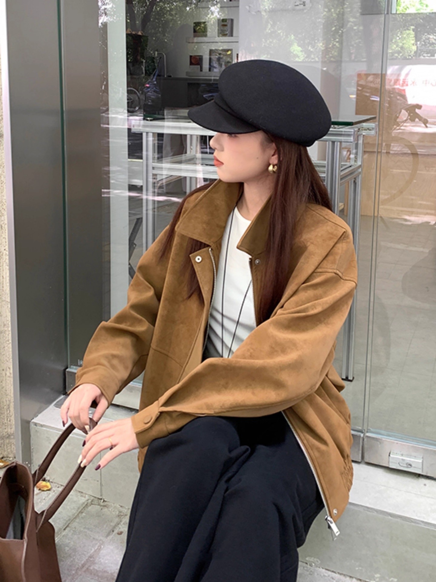 Brown Suede Jacket for Women, Autumn/Winter 2026 New Vintage Loose Casual Design with a Turn-Down Collar, Biker Jacket