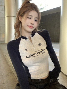 Pure Cotton Stitching Long-sleeved T-shirt Women's Spring and Autumn American Style V-Neck Slim-fit Slimming Inner Base Shirt Short Top