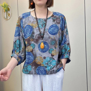Spring and Autumn New plus size Cotton and Linen Short Shirt Top Retro Printed Nine-Sleeve T-Shirt Fashion Shirt Women's Shirt