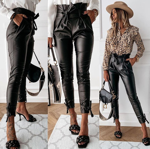 Europe and the United States cross-border autumn and winter lace-up pants 2021 New AliExpress Amazon PU leather pants independent station women's pants