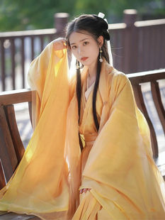 Wei Jin Style Hanfu Women's Spring and Summer Elegant Fairy Style Ancient Dress Big Sleeve Shirt Wide Sleeve Fairy Dress Yellow Elegant Antique Style