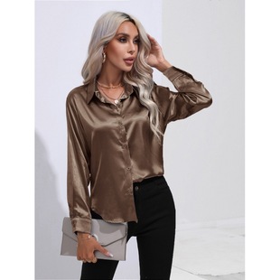 Explosions Plus Color White Shirt Women's Silk Shirt Collar Long Sleeve Shirt Satin Shirt European and American Solid Color Loose Shirt