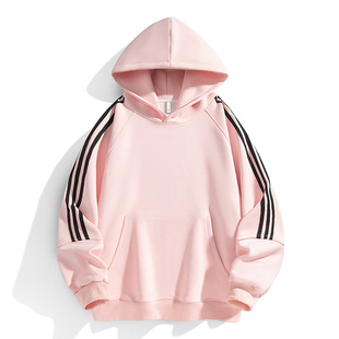 Spring 2025 Men's and Women's Couple's Three-Bar Color Matching All-Match Simple Loose Hooded Sweat Men's Campus Style