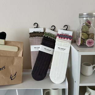 Autumn and Winter New Mid-tube Socks Double-layer Colorful Wood-ear Lace Socks for Women Retro Girls Korean Boneless Stacked Socks