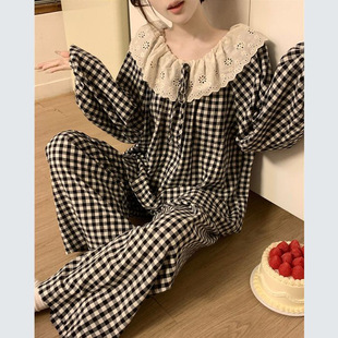 Source Factory Spring and Autumn Live Online Celebrant Explosions Cloud Cotton Sweet Large Lapel Lace Pajamas Women's Home Clothes Set