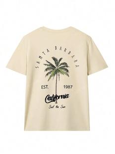 Women's Coconut Tree & Letter Print Drop Shoulder Sleeve T-S