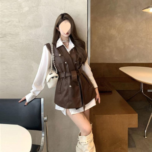 plus size fat spring with a set of fashionable foreign temperament cool sa pull sister leather vest shirt two-piece suit