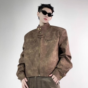 High-end Niche High Street Jacket Boys Short Brown brown Bomber Jacket American Vintage Biker Suit Leather Jacket