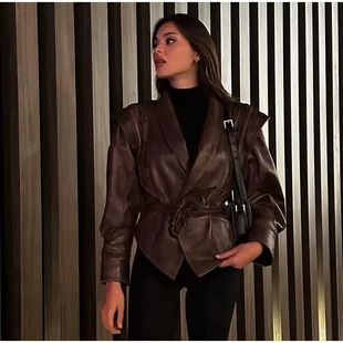 2024 Spring New European and American Cross-border Women's Street Fashion Design Retro Leather Jacket 1786