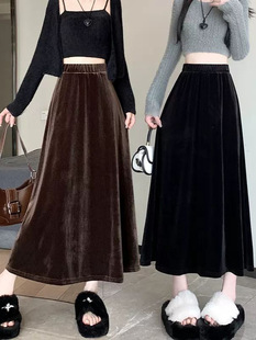 Vintage Autumn and Winter Velvet Skirt Women's High Waist Large Umbrella Skirt Long Skirt All-match Slimming Mid-length A- line Skirt