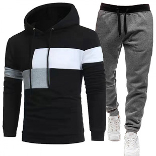 2024 Men's fleece-lined Stitching Hoodie Sweater suit Three Stitching Casual Sports Sweater Two-Piece Set