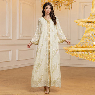 XQY500383 Cross Border Middle East Muslim Robe 2025 Spring New Jacquard Chiffon Sequin Ribbon Long Dress
