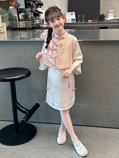 Hanfu Girl's Autumn 2024 New Style Ancient Suit Big Children's Skirt Children's Tang Suit Paid Dress Chinese Style National Style Cheongsam Dress