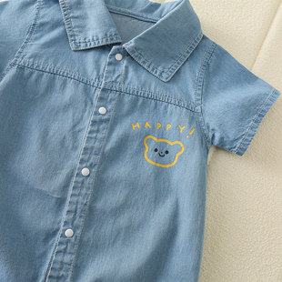 Summer Baby's Casual Foreign-style Lapel Bear Denim Baby's Short Hassel