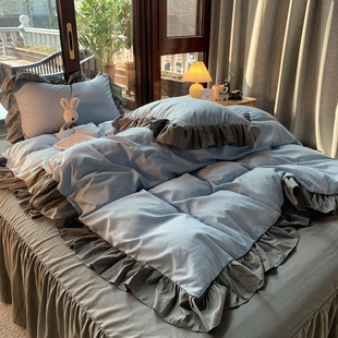 Factory direct four-piece simple bed sheet quilt cover bed skirt pure lace student dormitory three-piece Japanese gray