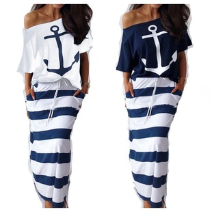 Navy style leisure anchor print short sleeve T-shirt + skirt