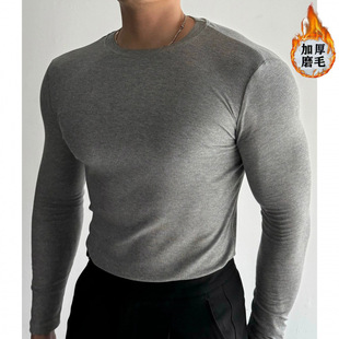 Threaded Round Neck Long Sleeve T-shirt Men's Spring and Autumn Base Shirt High Casual Slim Stretch Muscle Fitness Top