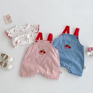 Girls' Cherry T-shirt 2025 New Summer Baby Stylish Korean Style Denim Strappy Pants Children's Fashion Doll Shirt