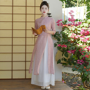 New Chinese Style Women's Clothing National Style suit Modified Cheongsam Young Girl's Retro Buckle Top Wide Leg Pants Two-piece Set