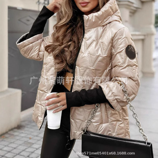 2024 independent station autumn and winter new fashion hooded fashion loose long sleeve patchwork cotton jacket coat women